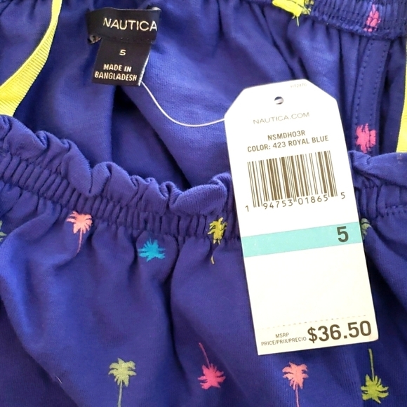 Nautica Girls' Blue Ruffle Top Neon Palm Tree Print Cold Shoulder Dress Size 5 - Picture 2 of 7